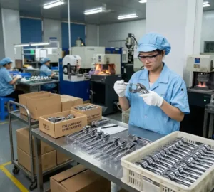 Factory worker inspecting stainless steel garlic press tools on a production assembly line.