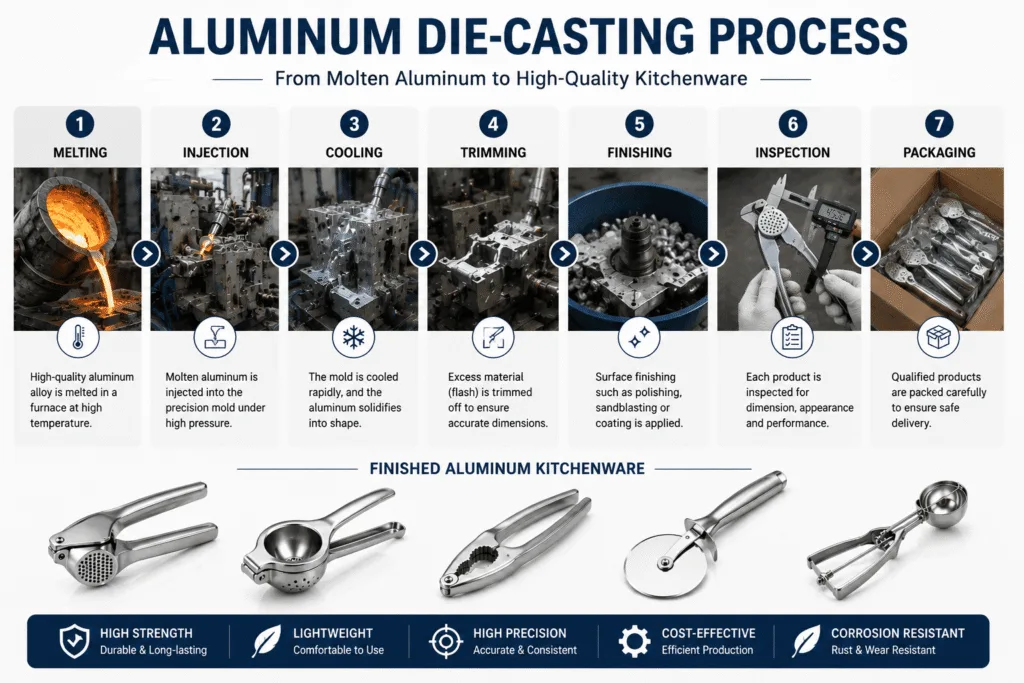 Aluminum die casting process for kitchenware manufacturing including melting injection cooling polishing and finishing