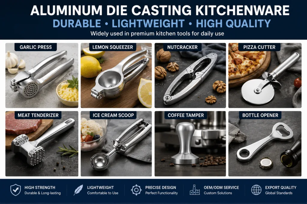 Collection of die cast aluminum kitchen tools including garlic press lemon squeezer nutcracker and pizza cutter