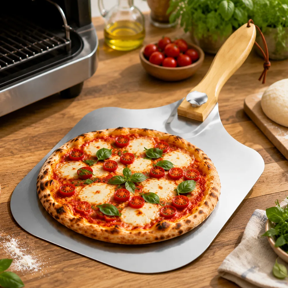 Commercial chef using aluminum pizza peel to transfer pizza into oven