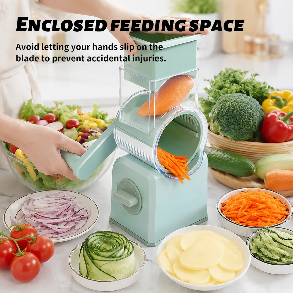 Commercial kitchen staff using manual rotary vegetable chopper for bulk meal preparation