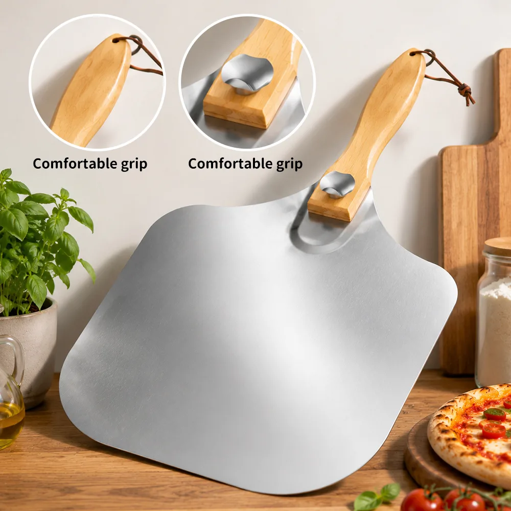 Natural wood ergonomic handle with hanging hole for pizza peel