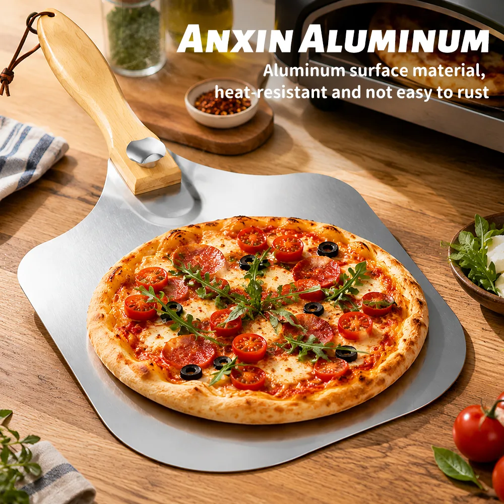 Perforated die-cast aluminum pizza peel head — beveled edge for easy dough lifting