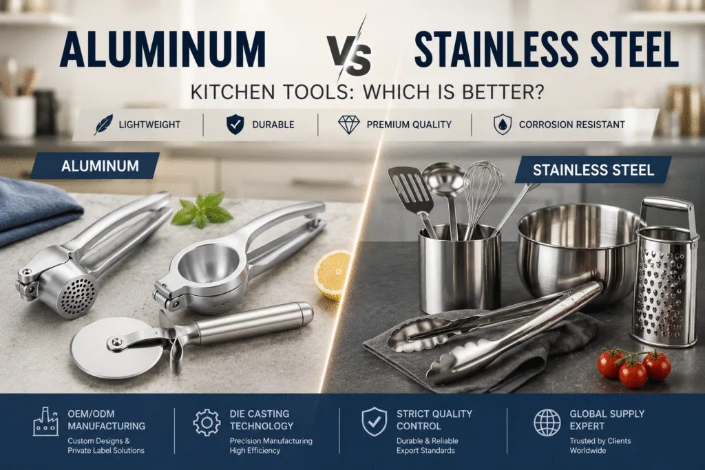 Comparison of aluminum vs stainless steel kitchen tools used in OEM kitchenware manufacturing