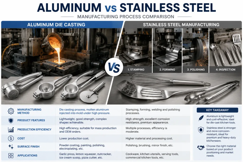 Comparison of aluminum die casting and stainless steel manufacturing processes for kitchen tools