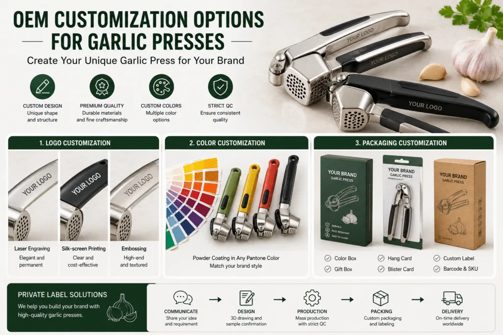 Custom garlic press with private label logo engraving, color customization and retail packaging solutions