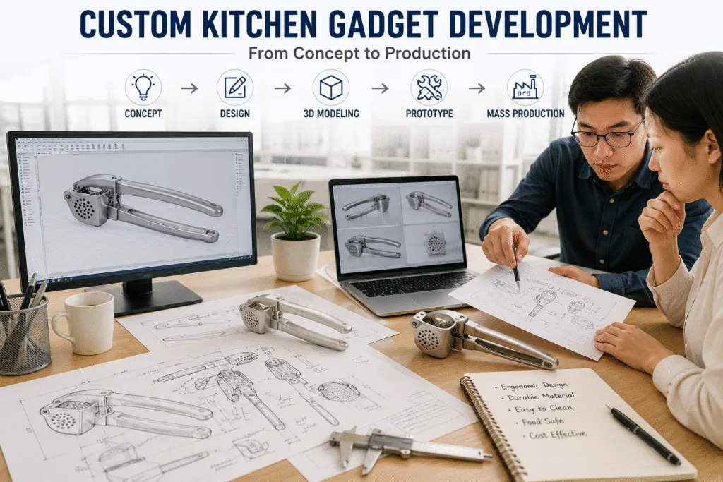 Custom kitchen gadget design and product development process from concept sketch to 3D prototype
