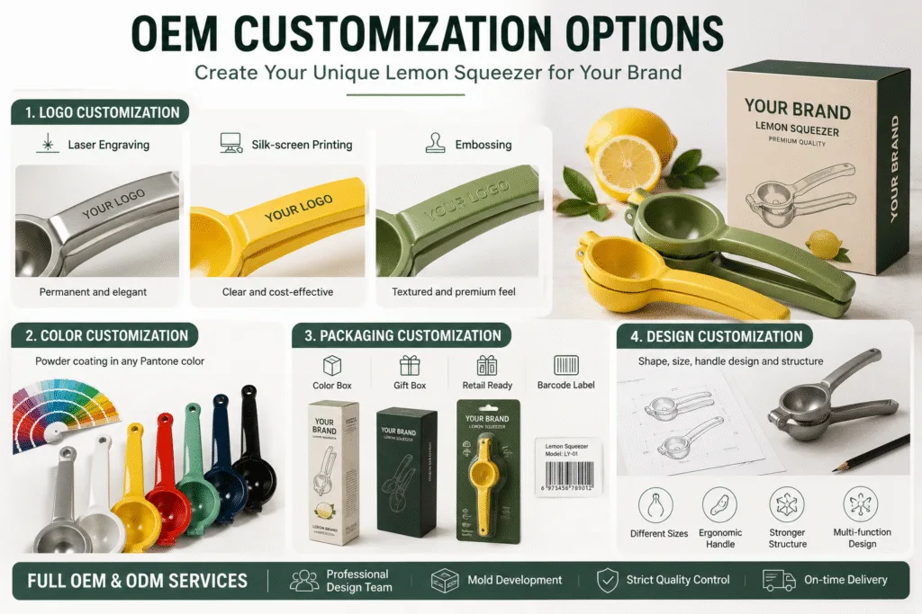 Custom lemon squeezer with private label logo printing, color customization and retail packaging solutions