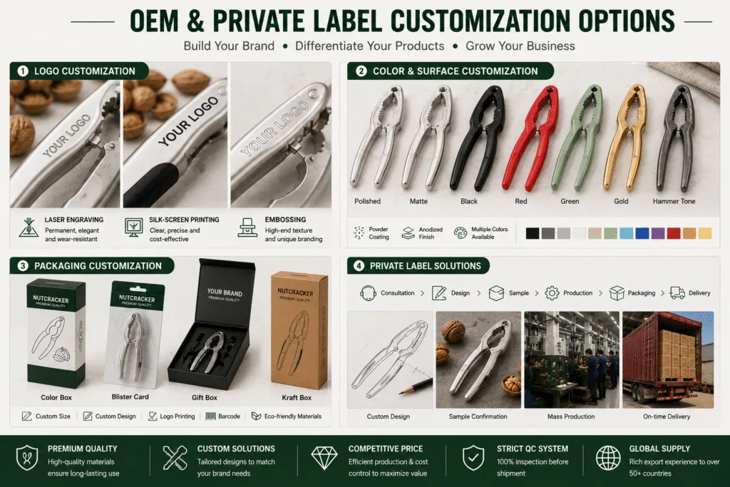 Custom aluminum nutcracker with OEM logo engraving, private label packaging and color customization services