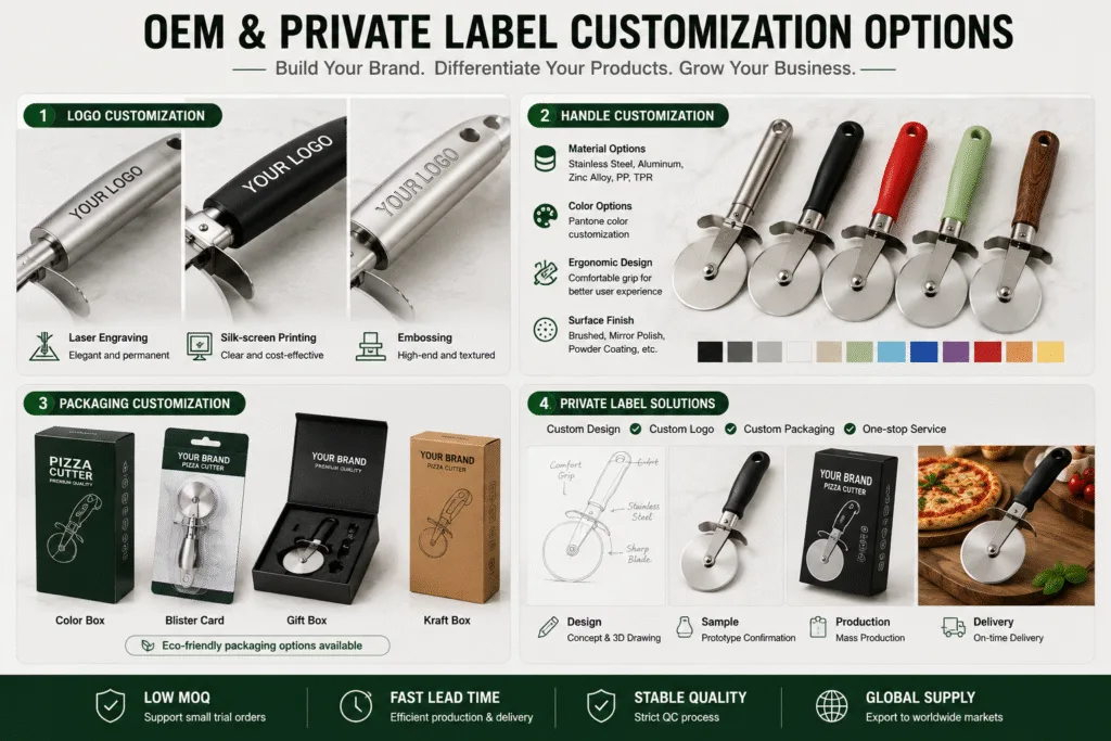 Custom pizza cutter with private label logo engraving, handle customization and retail packaging solutions