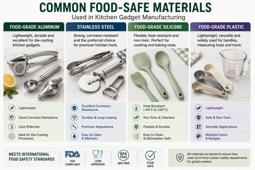 Comparison of food-grade aluminum, stainless steel, silicone, and plastic materials used in kitchen gadget manufacturing
