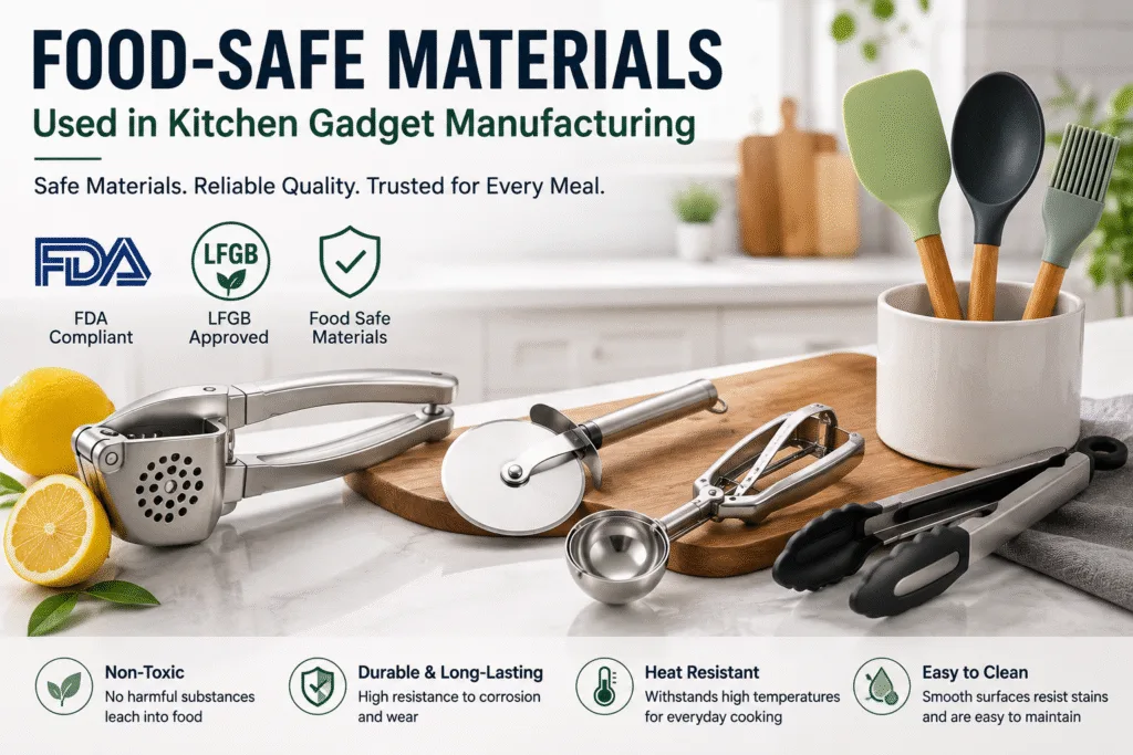 Food-safe materials used in kitchen gadget manufacturing including aluminum, stainless steel, silicone, and food-grade plastic products