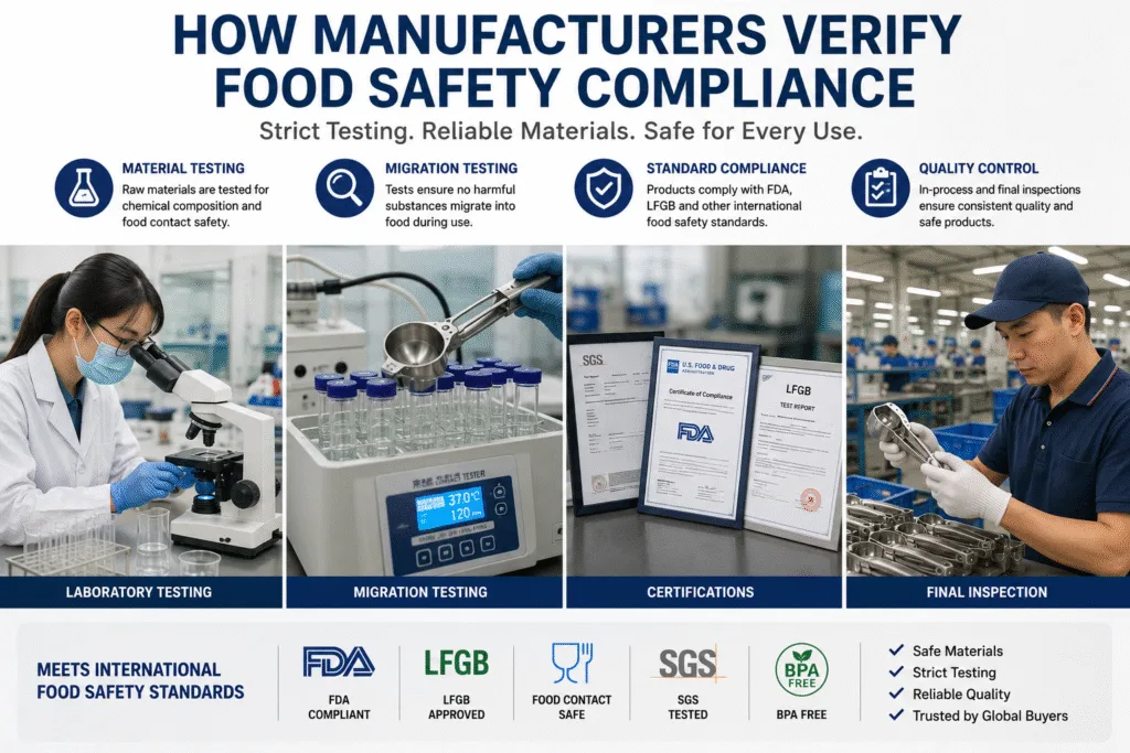 Food safety compliance testing and quality inspection process for kitchen gadgets including FDA and LFGB standards