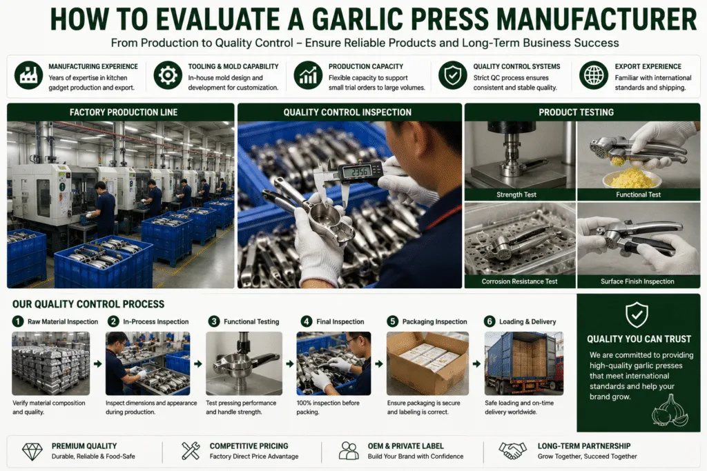 Garlic press factory production line and quality control inspection process for OEM manufacturing and export