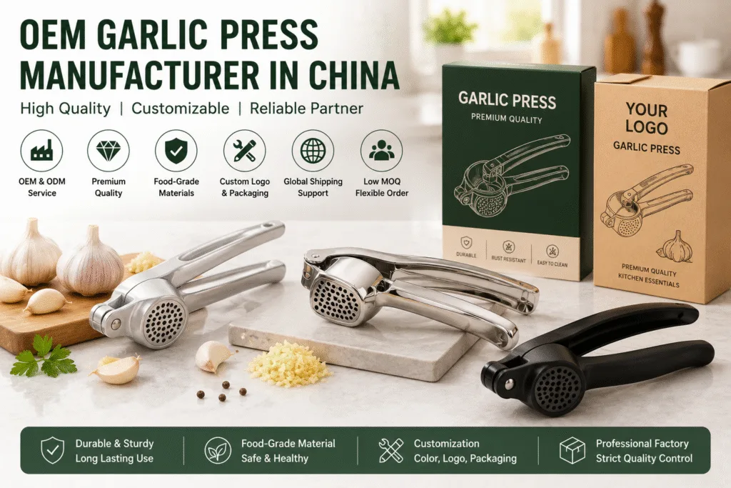 OEM garlic press manufacturer in China producing aluminum and stainless steel garlic presses for wholesale and private label brands
