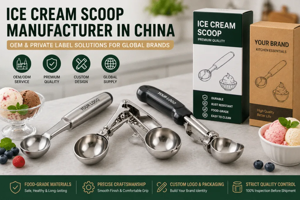 OEM ice cream scoop manufacturer in China producing stainless steel and commercial ice cream scoops for wholesale and private label brands