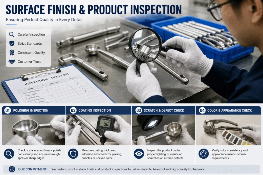 Surface finish inspection for aluminum kitchen tools during OEM kitchenware manufacturing