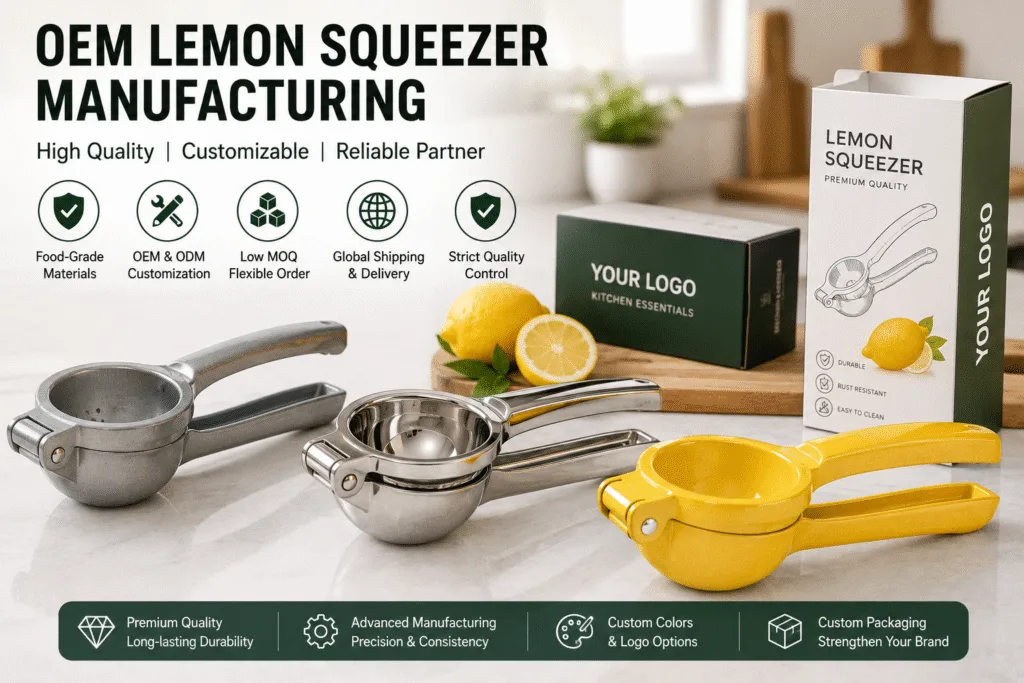 OEM lemon squeezer manufacturer in China producing aluminum and stainless steel lemon squeezers for wholesale and private label brands