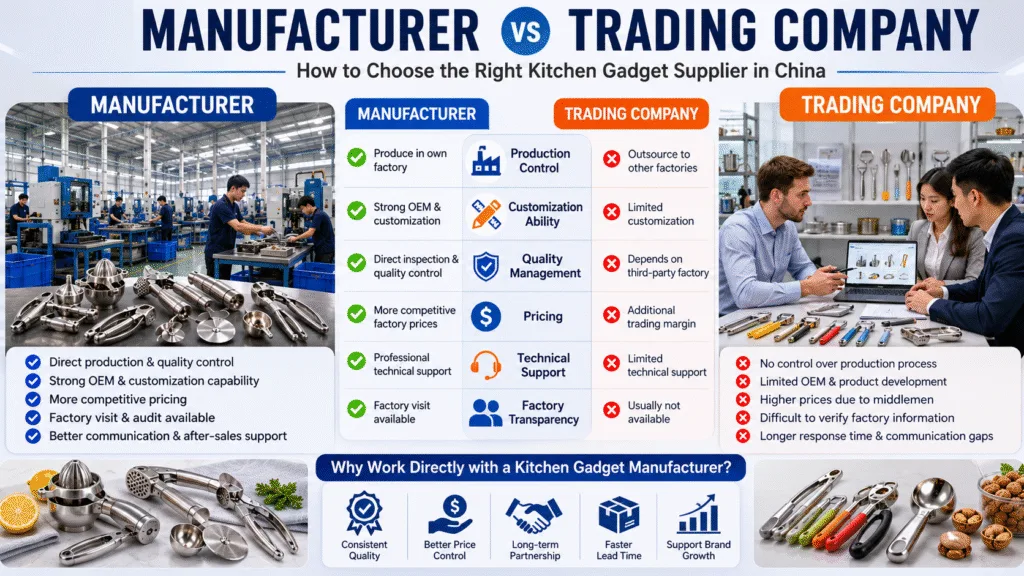Comparison between a kitchen gadget manufacturer and a trading company for OEM sourcing and product quality control