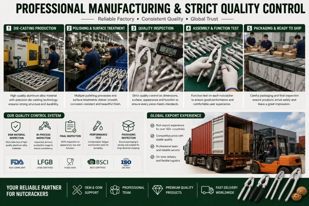 Nutcracker factory production line with aluminum die-casting, quality inspection and export packaging for OEM manufacturing