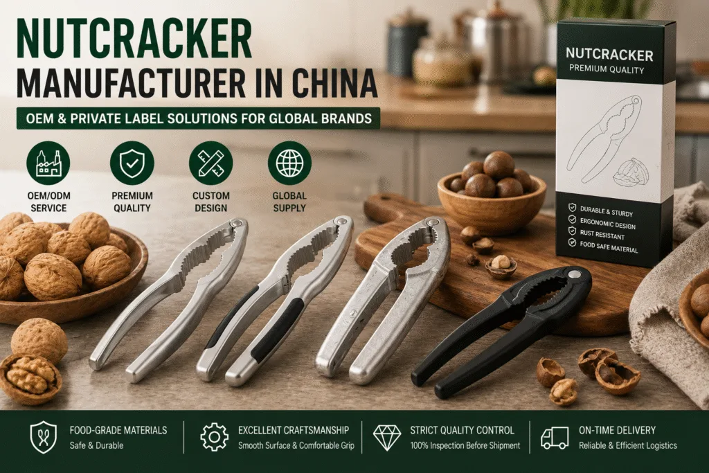 Aluminum alloy nutcracker manufactured in China for OEM, wholesale and private label kitchenware brands