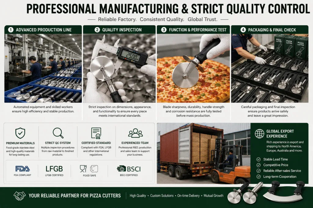 Pizza cutter factory production line and quality control inspection process for OEM manufacturing and global export