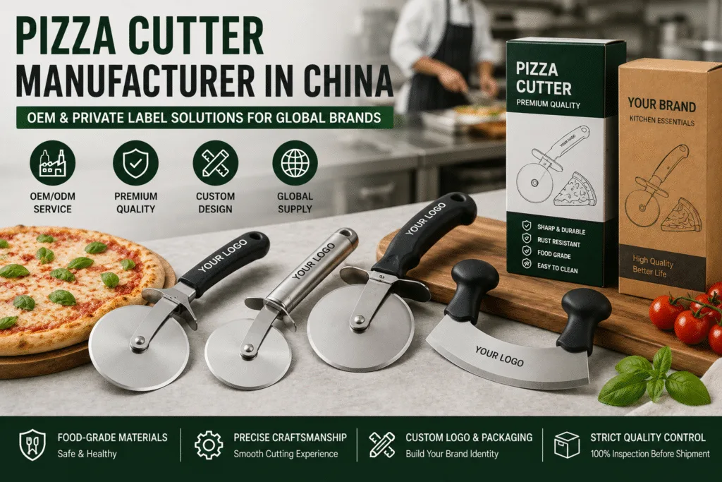 OEM pizza cutter manufacturer in China producing stainless steel pizza cutters for wholesale and private label brands