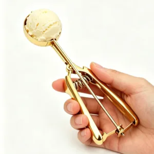 Stainless steel ice cream scoop with gold-tone zinc alloy trigger handle — LeeYuen Kitchenware wholesale OEM