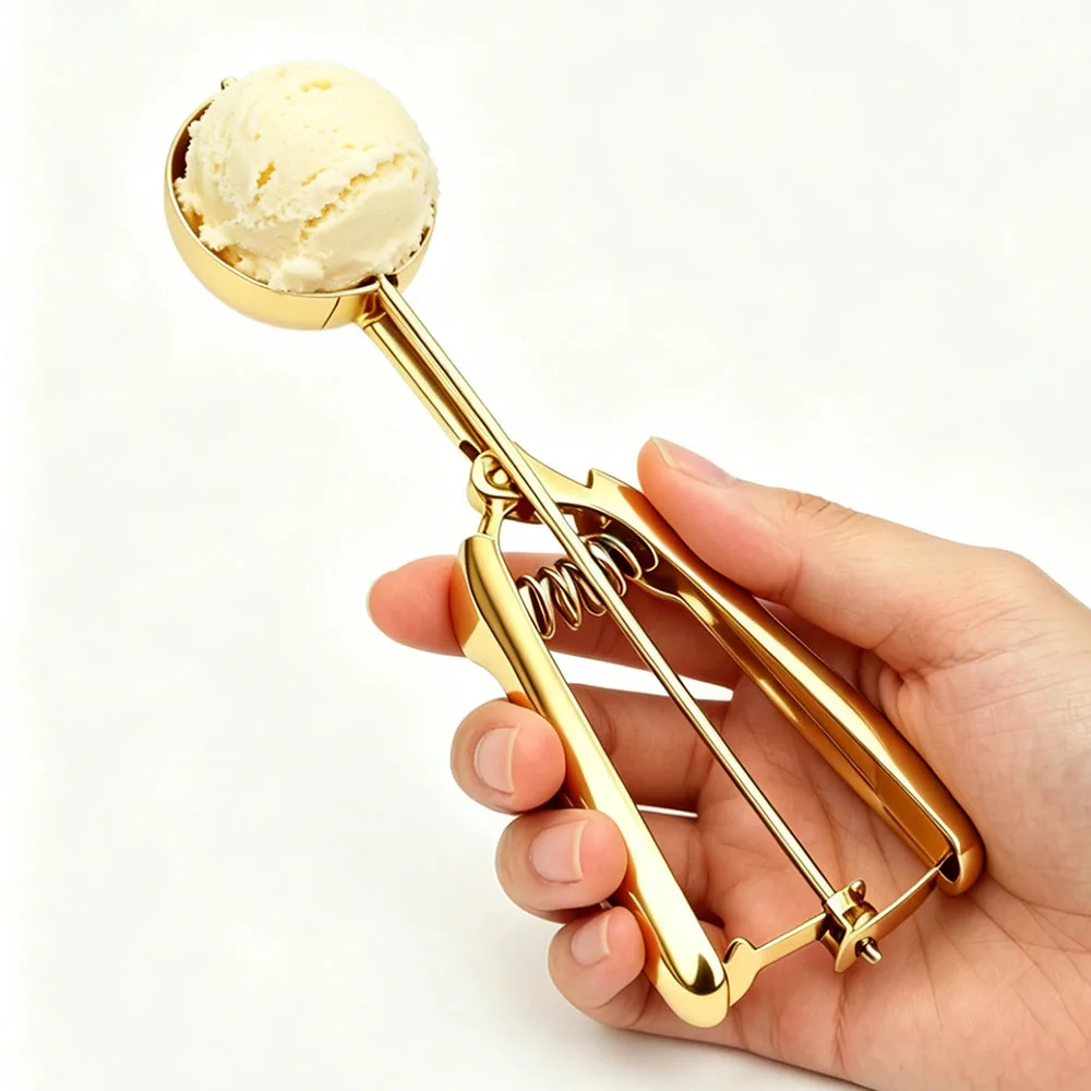 Stainless steel ice cream scoop with gold-tone zinc alloy trigger handle — LeeYuen Kitchenware wholesale OEM
