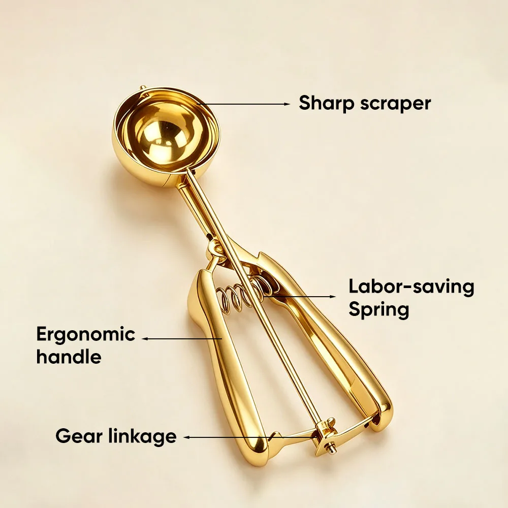 Solid stainless steel scoop bowl with smooth trigger-release sweep blade