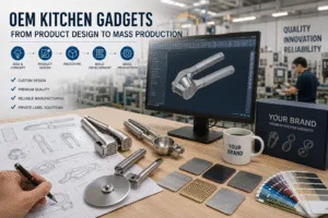 OEM kitchen gadget product design process showing CAD engineering, product prototypes, custom kitchen tools, and manufacturing development in a China factory