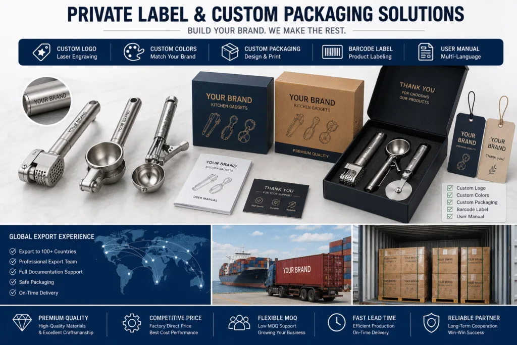 Private label kitchen gadgets with custom logo engraving, branded packaging, retail gift boxes, barcode labels, and global OEM export solutions
