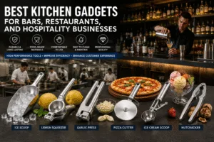 Professional kitchen gadgets including ice scoop, lemon squeezer, garlic press, pizza cutter, ice cream scoop and nutcracker for bars, restaurants and hospitality businesses