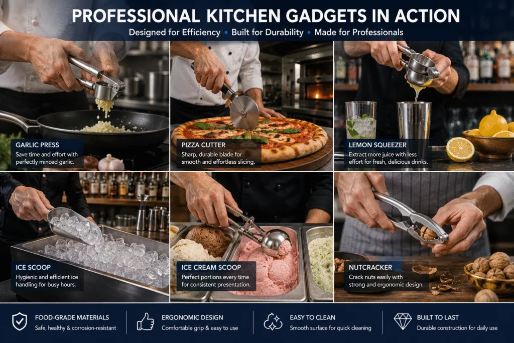 Professional chefs and bartenders using commercial kitchen gadgets including garlic press, pizza cutter, lemon squeezer and ice scoop in restaurant and bar environments