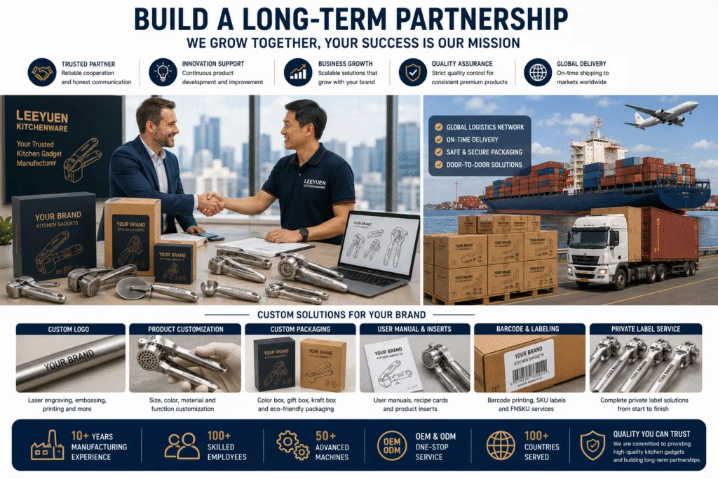 Global partnership with a trusted kitchen gadget manufacturer, featuring private label services, custom packaging, international shipping, and long-term OEM cooperation.