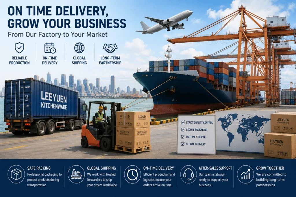 Global shipping and on-time delivery of kitchen gadgets, featuring container loading, ocean freight, export logistics, and a reliable international supply chain.