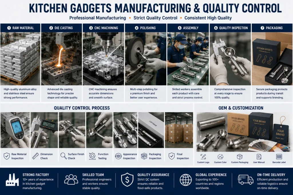 Quality control process for kitchen gadget manufacturing in China, including die casting, CNC machining, assembly, inspection, OEM customization, and packaging.