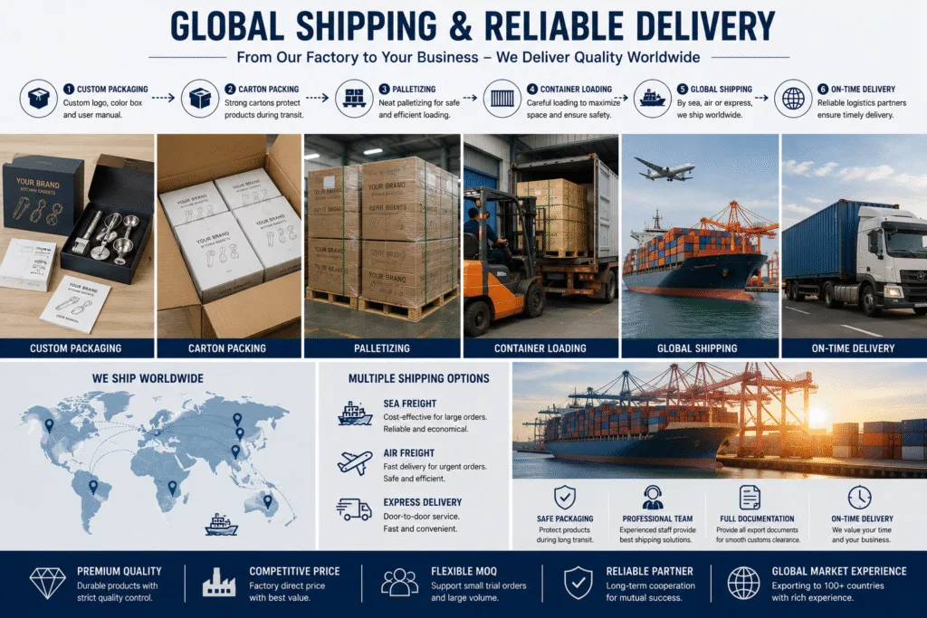 Global shipping and export of OEM kitchen gadgets from China with custom packaging, container loading, international logistics and worldwide delivery