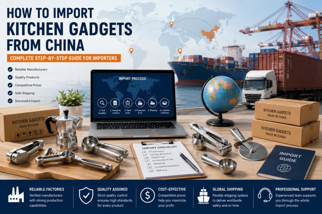 Step-by-step guide for importing kitchen gadgets from China, featuring global sourcing, reliable manufacturers, shipping logistics, and OEM kitchen tools.