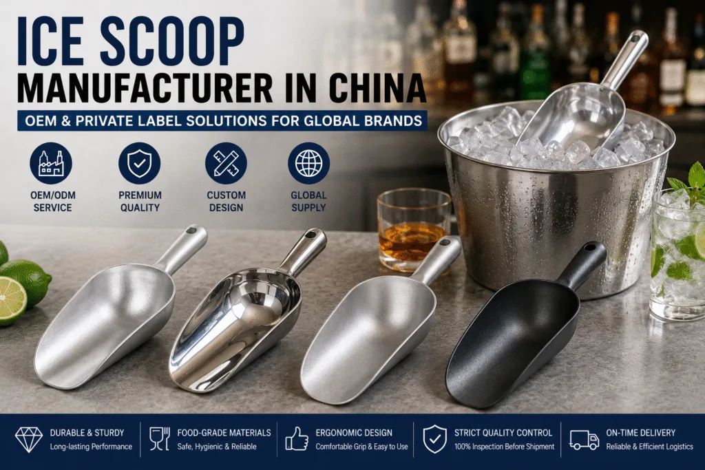 OEM ice scoop manufacturer in China producing aluminum alloy and stainless steel ice scoops for wholesale, hospitality and private label brands