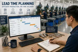 Production planning for kitchen gadget lead time, showing a manufacturing manager reviewing production schedules in a modern OEM kitchenware factory to ensure on-time delivery.