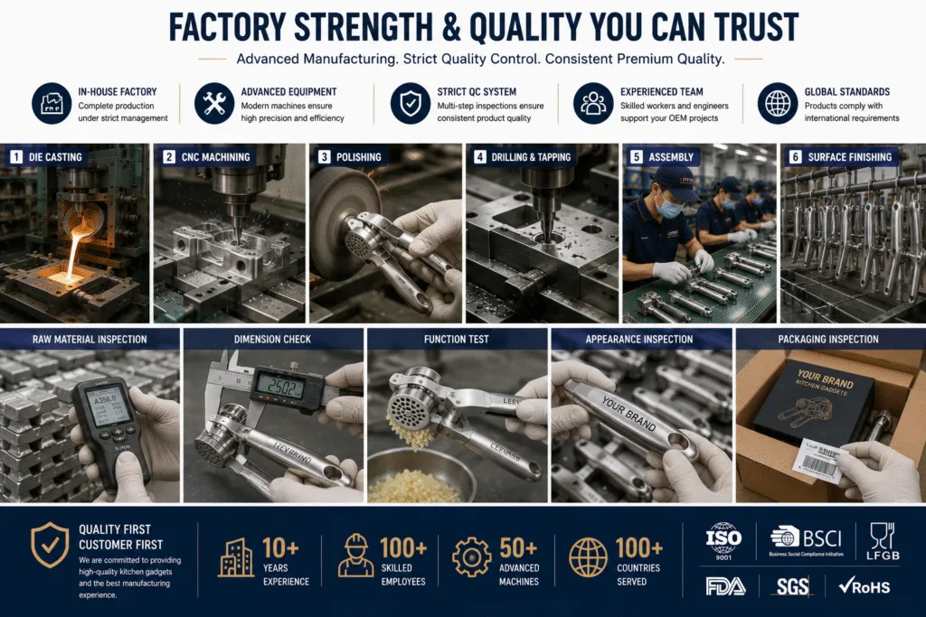 Quality control system at a professional kitchen gadget manufacturer, including aluminum die casting, CNC machining, assembly, inspection, and OEM production.