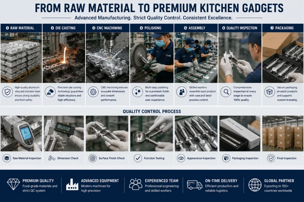 Kitchen gadget manufacturing process in China including aluminum die casting, CNC machining, polishing, assembly, strict quality inspection and packaging