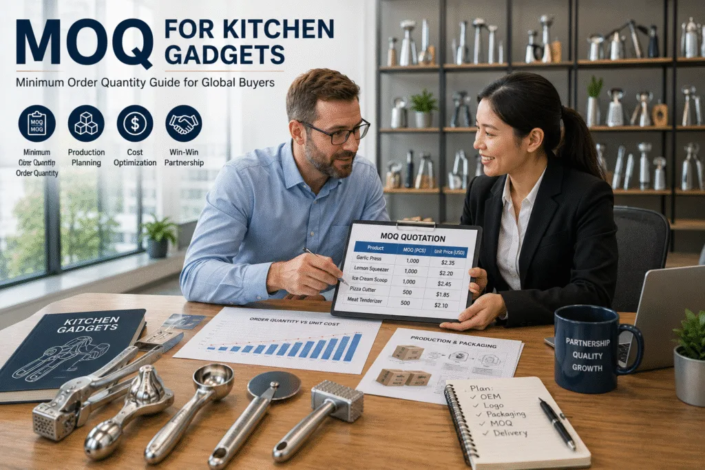MOQ for kitchen gadgets guide showing a buyer discussing minimum order quantity, pricing, OEM options, product samples, and sourcing strategies with a professional kitchen gadget manufacturer.
