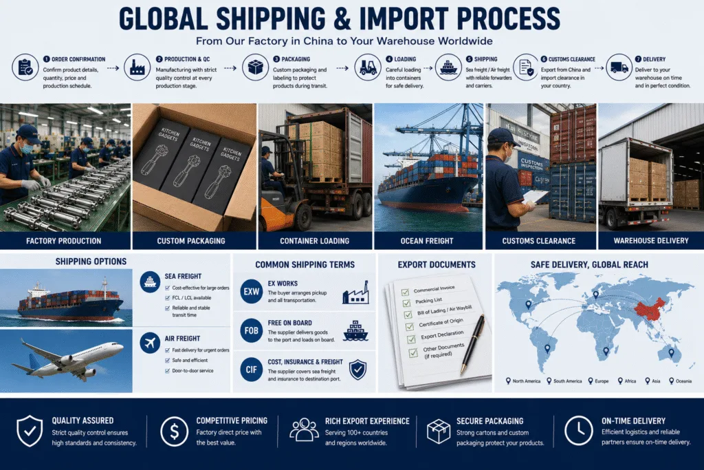 Global shipping and import process for kitchen gadgets from China, including container loading, ocean freight, customs clearance, export documentation, and worldwide delivery.