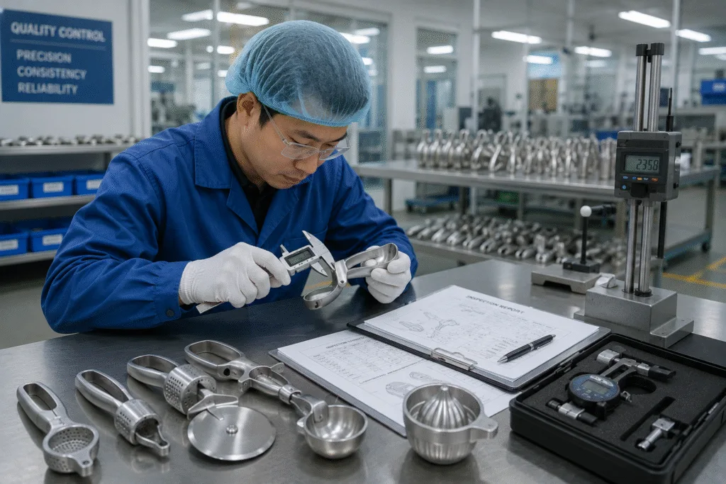Quality engineer inspecting aluminum kitchen gadgets with precision measuring tools in a modern kitchenware factory, ensuring product quality before mass production.