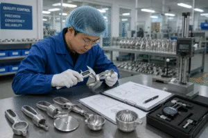 Quality engineer inspecting aluminum kitchen gadgets with precision measuring tools in a modern kitchenware factory, ensuring product quality before mass production.