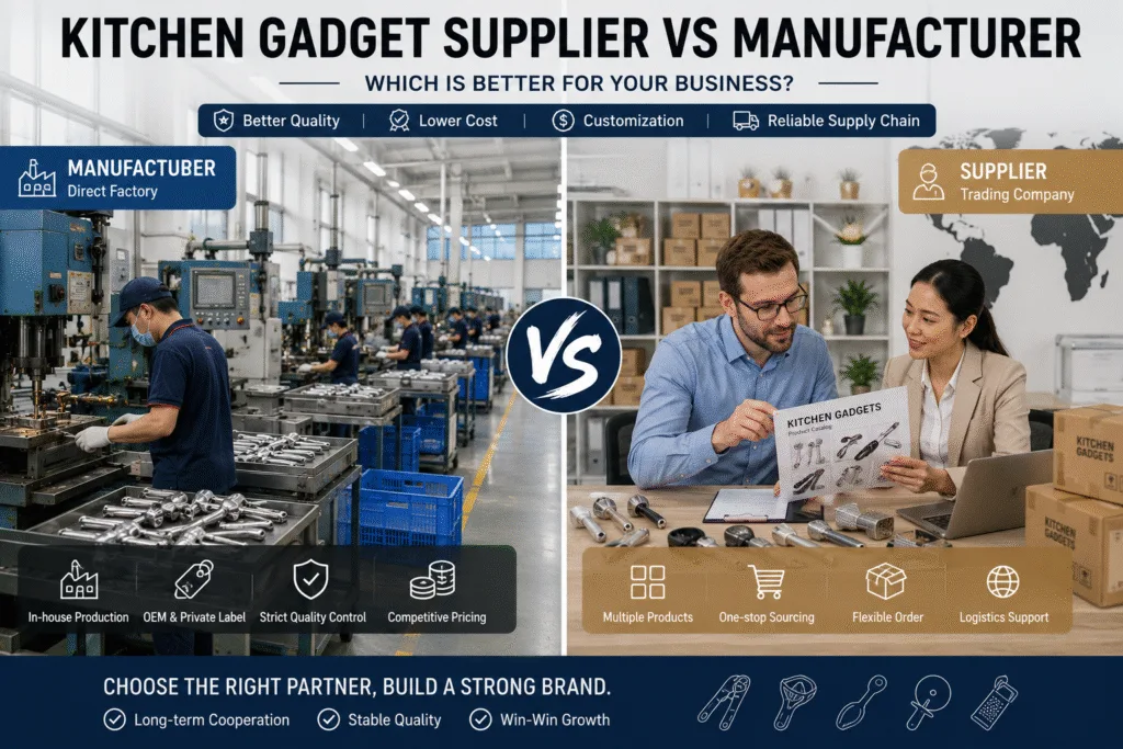 Comparison between a kitchen gadget manufacturer and supplier, showing factory production, OEM capabilities, direct manufacturing, and global sourcing solutions for international buyers.