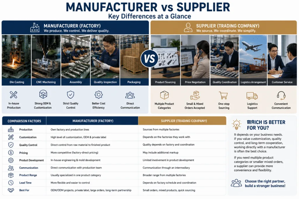 Manufacturer vs supplier comparison for kitchen gadgets, highlighting factory production, product customization, quality control, pricing, OEM services, and supply chain differences.
