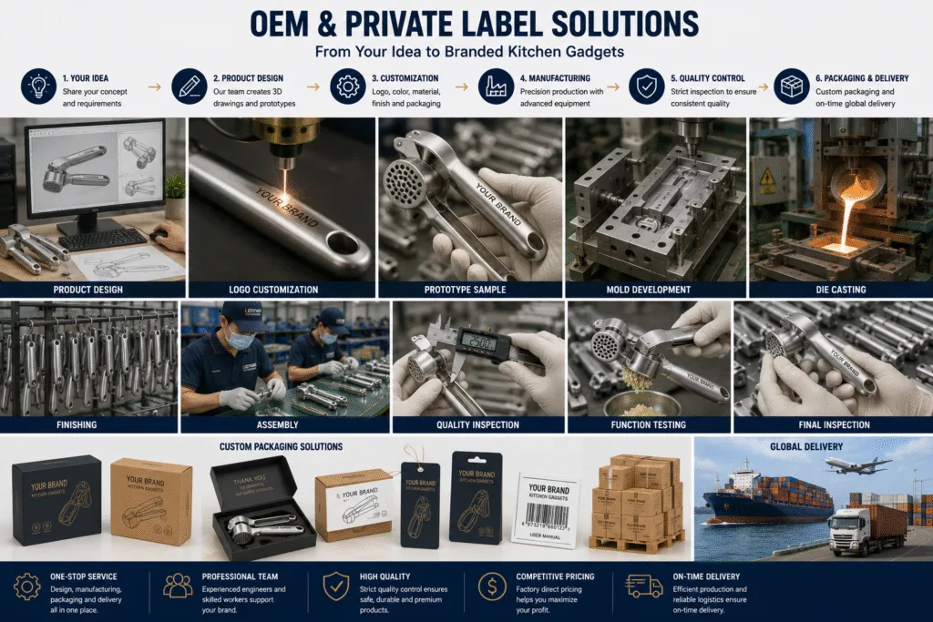 OEM custom kitchen gadget manufacturing process including product design, logo engraving, prototype development, aluminum die casting, quality inspection, and custom packaging.